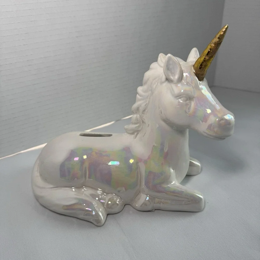 Iridescent Ceramic Unicorn Piggy Bank Gold Horn Rainbow Glaze Coin Bank Fantasy